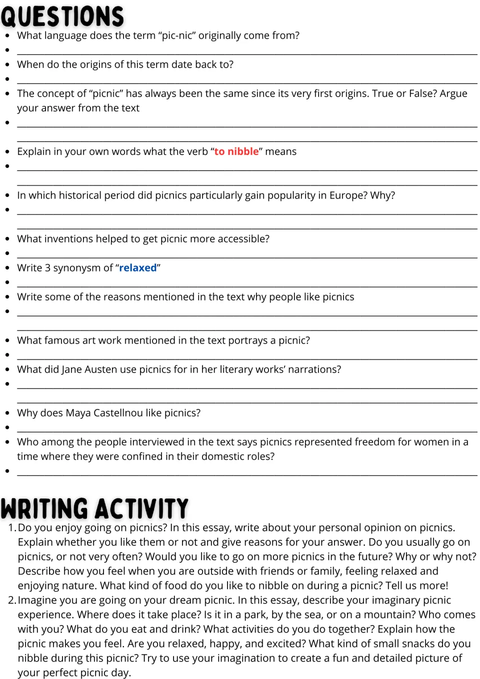 Picnic reading follow-up: 12 comprehension questions and two essay prompts on personal views and a dream picnic.