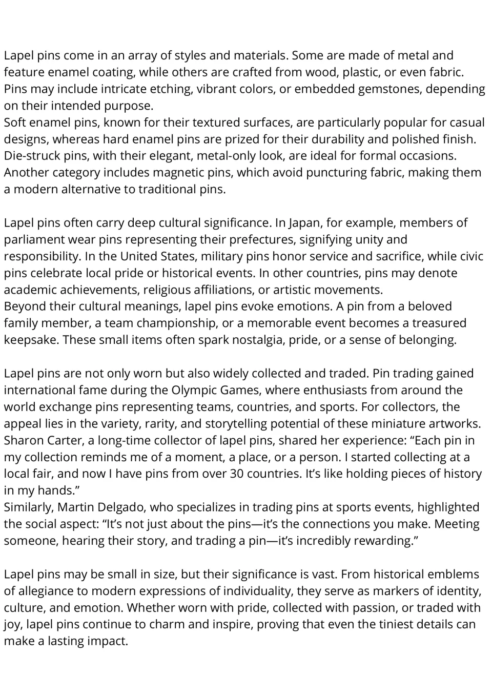 Reading passage, part 2: lapel pin materials and styles, cultural meanings, collecting, and trading.