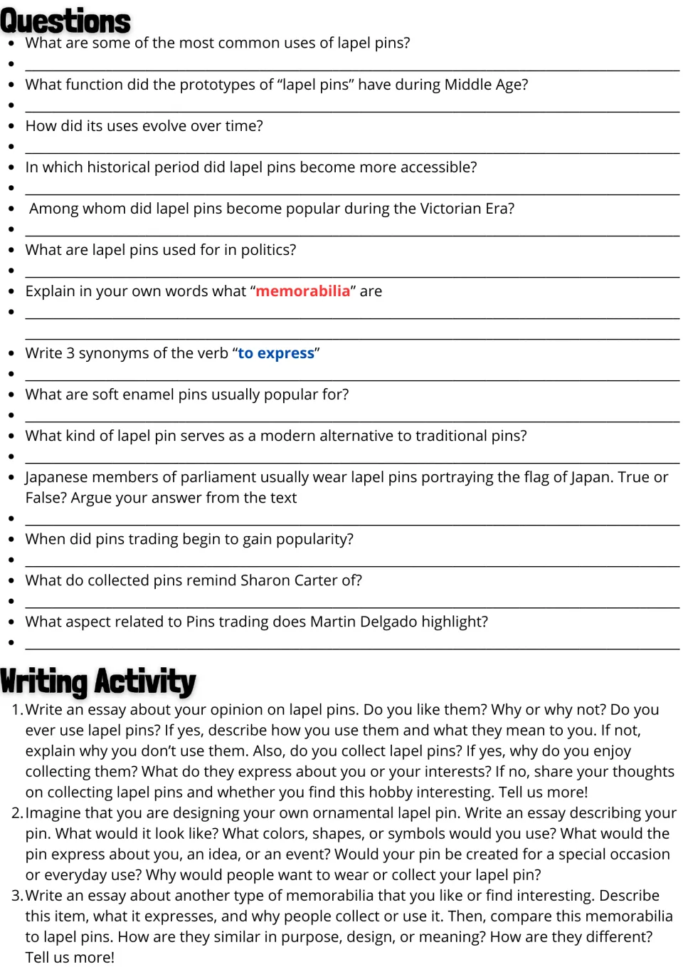 Follow-up activities: 14 lapel pin comprehension questions and three essays on opinions, design, and memorabilia.