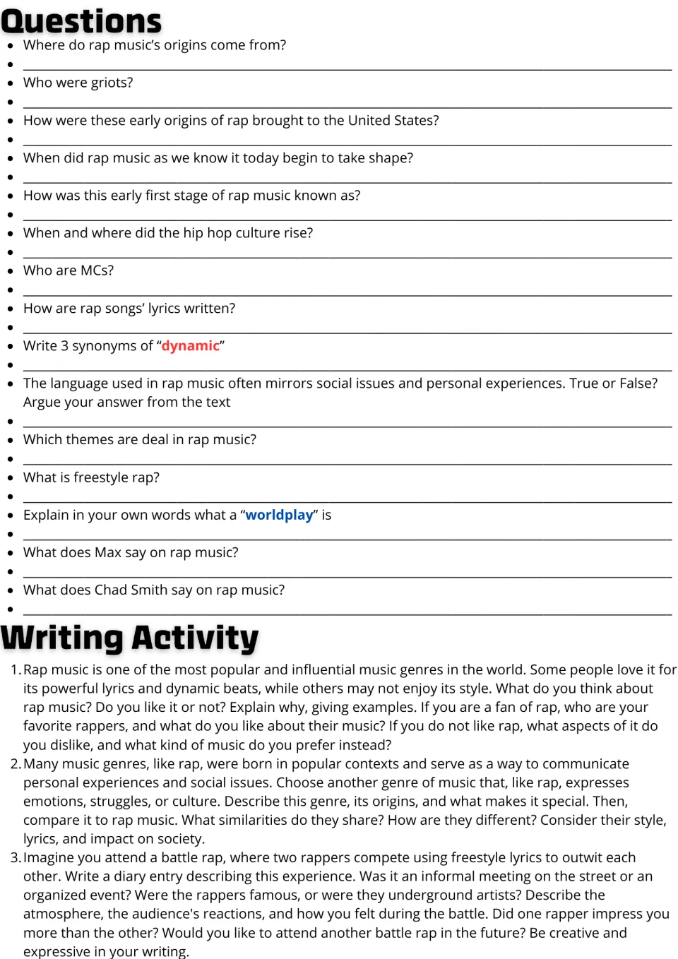Comprehension questions on the rap passage, then three writing prompts: opinion, compare another genre, battle rap diary