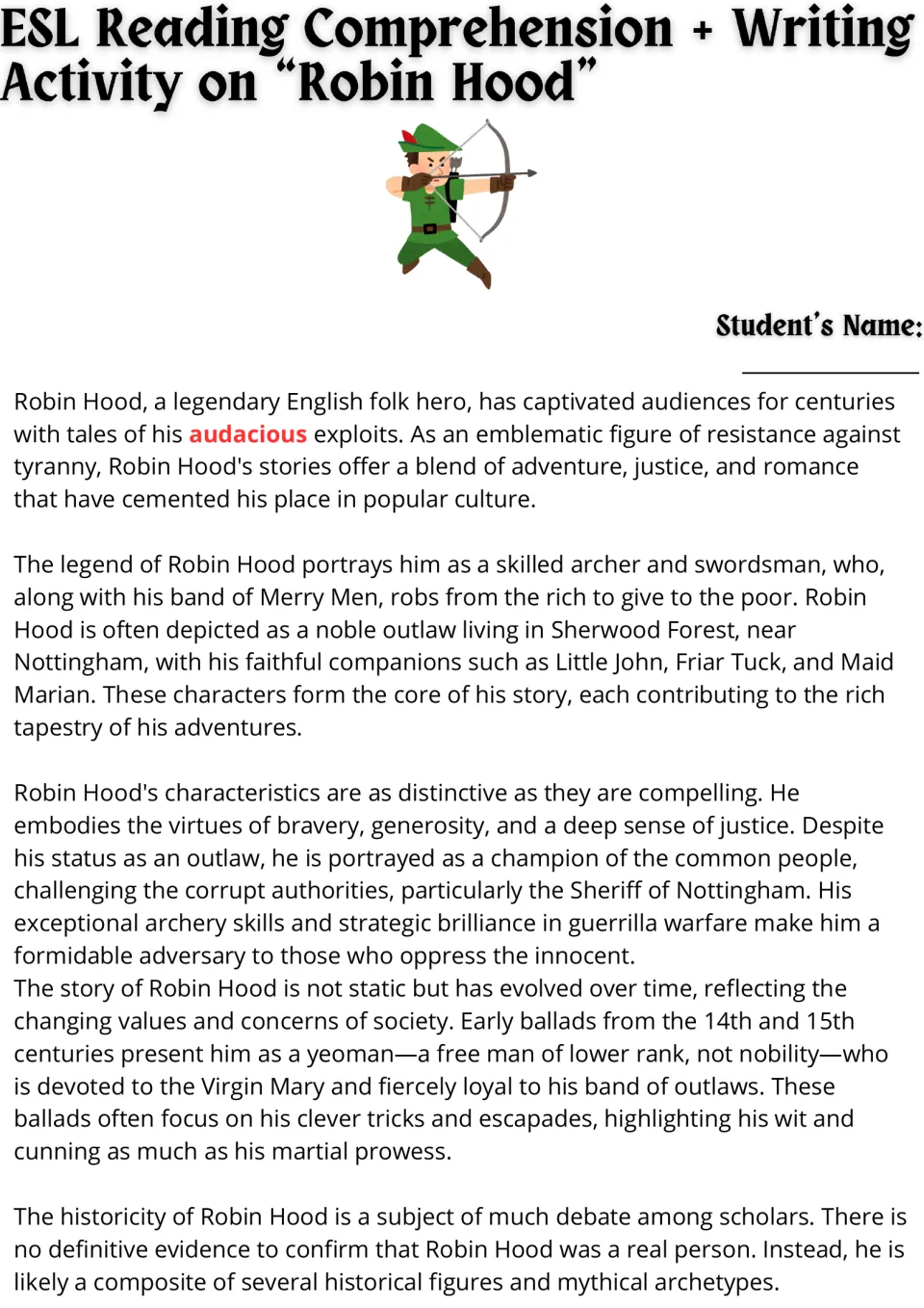 Robin Hood reading passage, part 1: students read about the legend, Sherwood Forest, Merry Men and early ballads