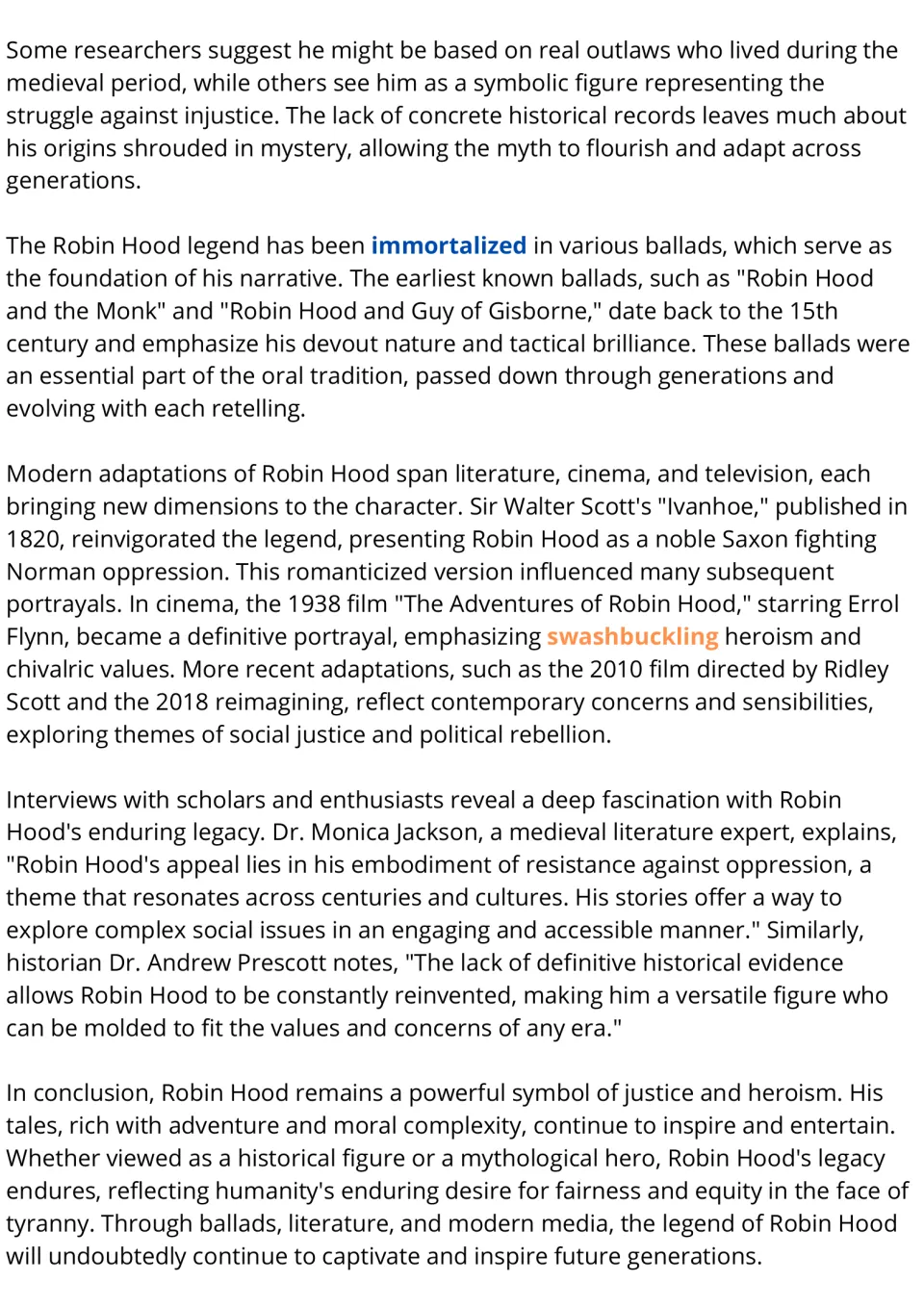 Robin Hood reading passage, part 2: students read about Ivanhoe, the 1938 film, later adaptations and scholars' views
