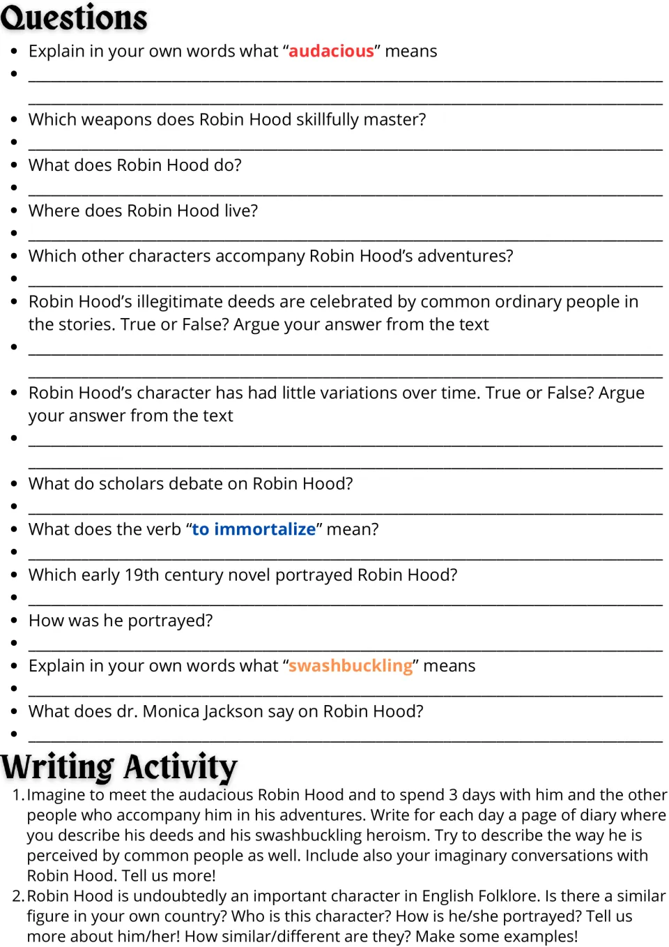 Robin Hood questions: students answer vocabulary and true/false items, then write a 3-day diary or compare a folk hero