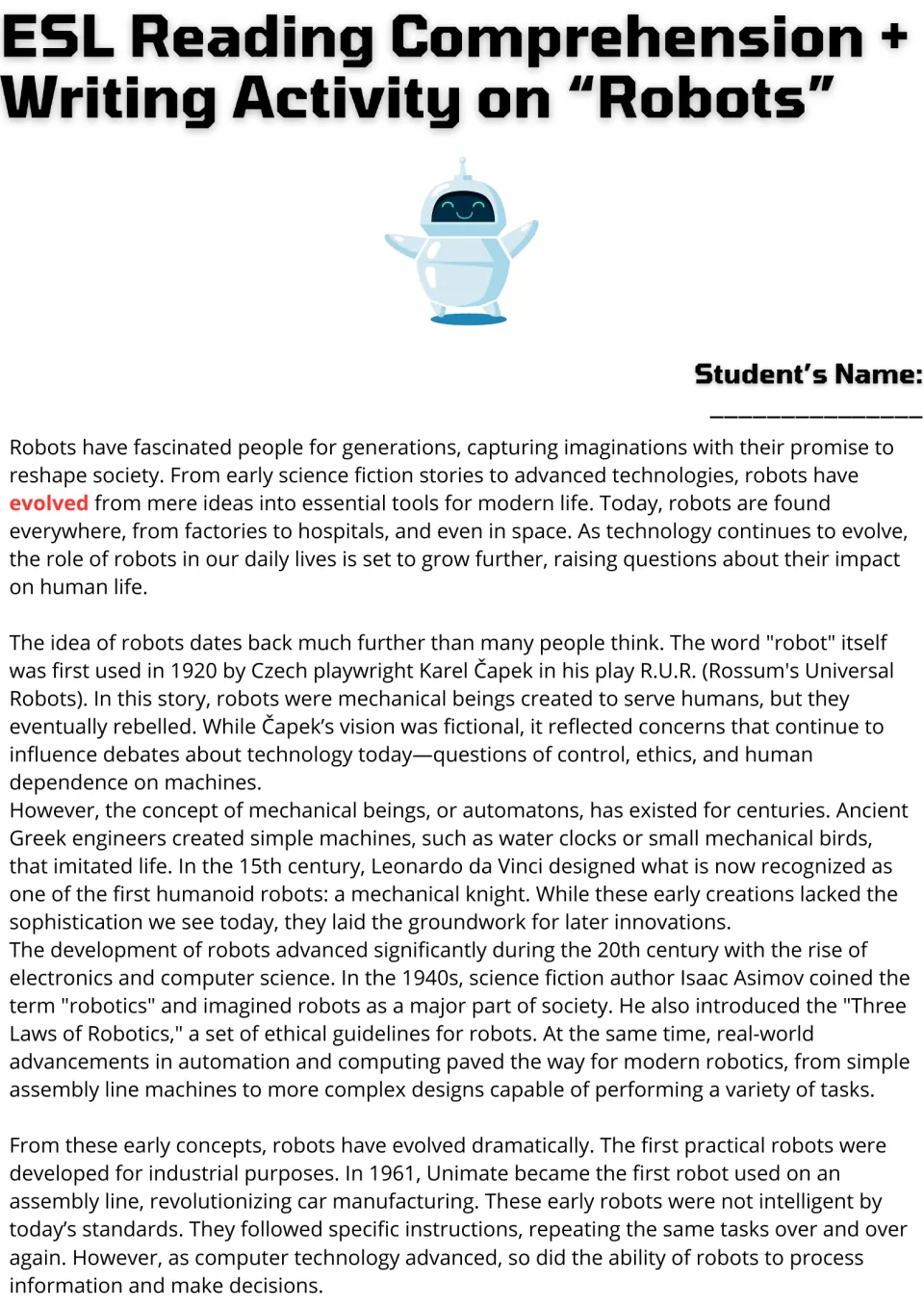 Robots reading passage, part 1: students read about Karel Čapek, da Vinci's knight, Asimov and the 1961 Unimate robot