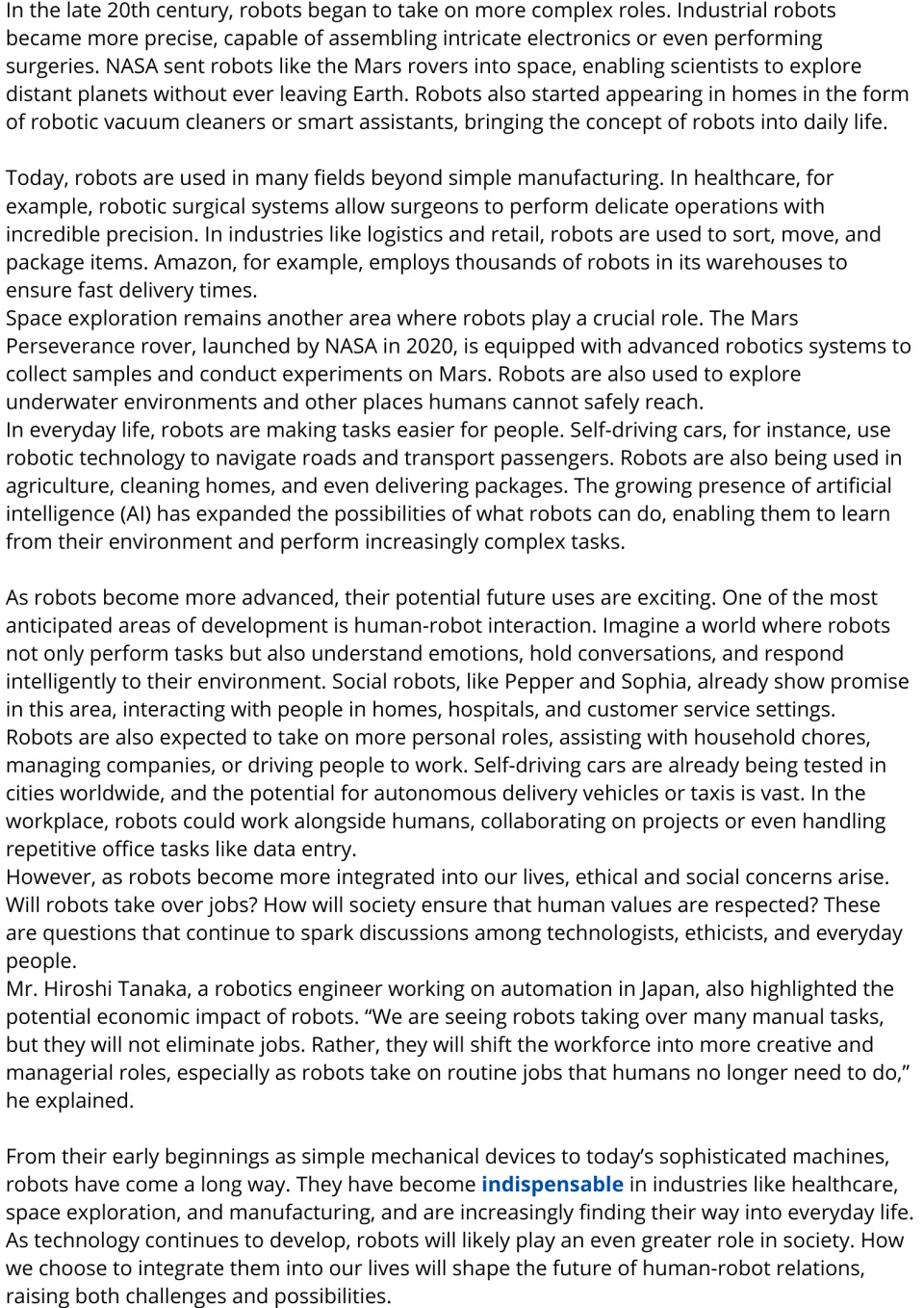 Robots reading passage, part 2: modern uses in surgery, Amazon warehouses and Mars rovers, social robots and jobs debate