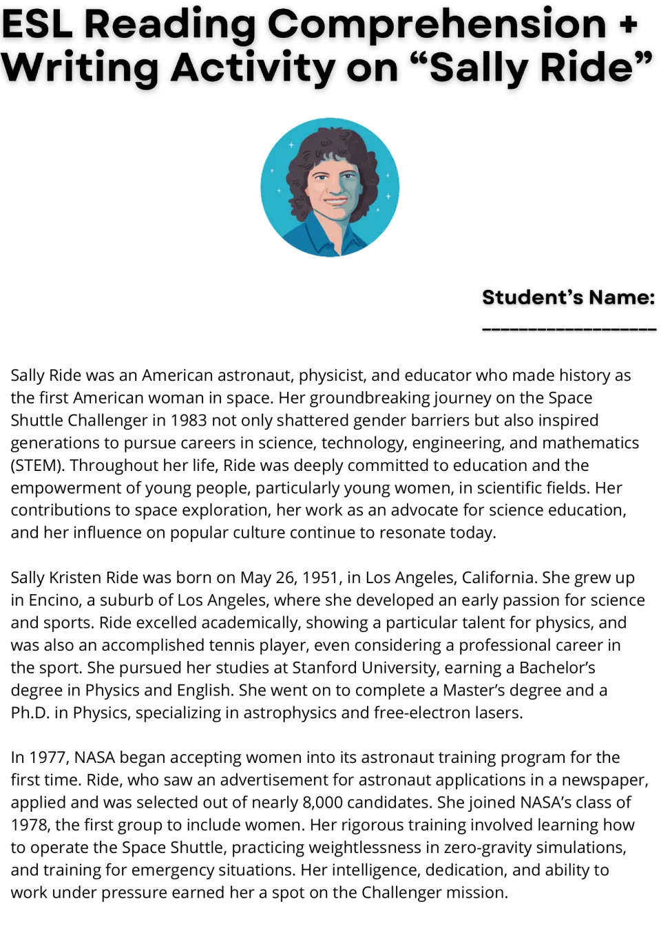 Sally Ride reading passage, part 1: students read about her childhood, Stanford physics studies and 1978 NASA selection