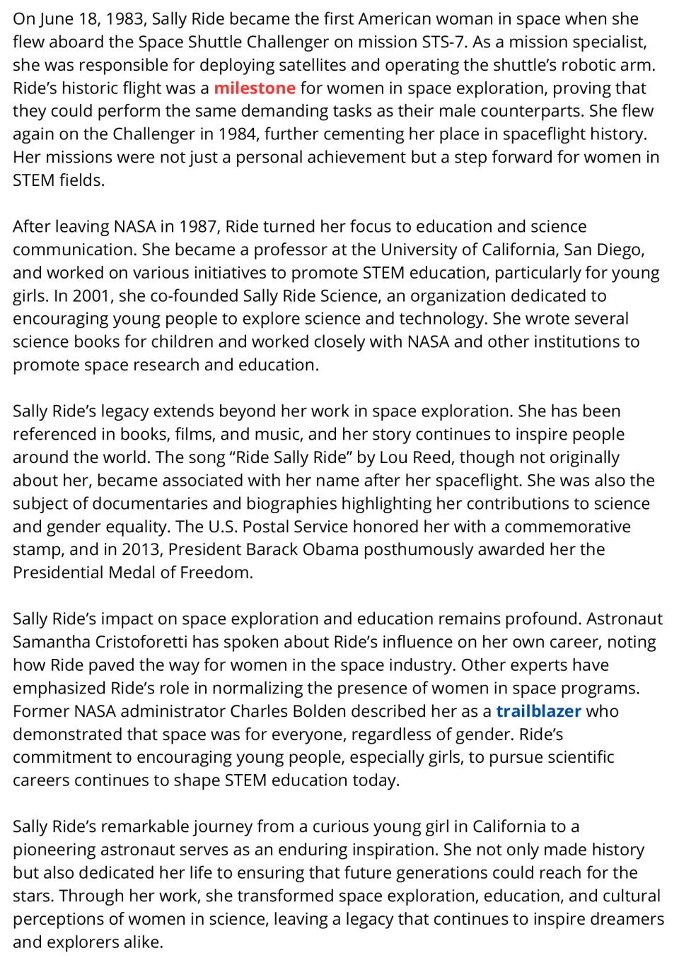 Sally Ride passage, part 2: students read about her 1983 Challenger flight, teaching career, legacy and tributes