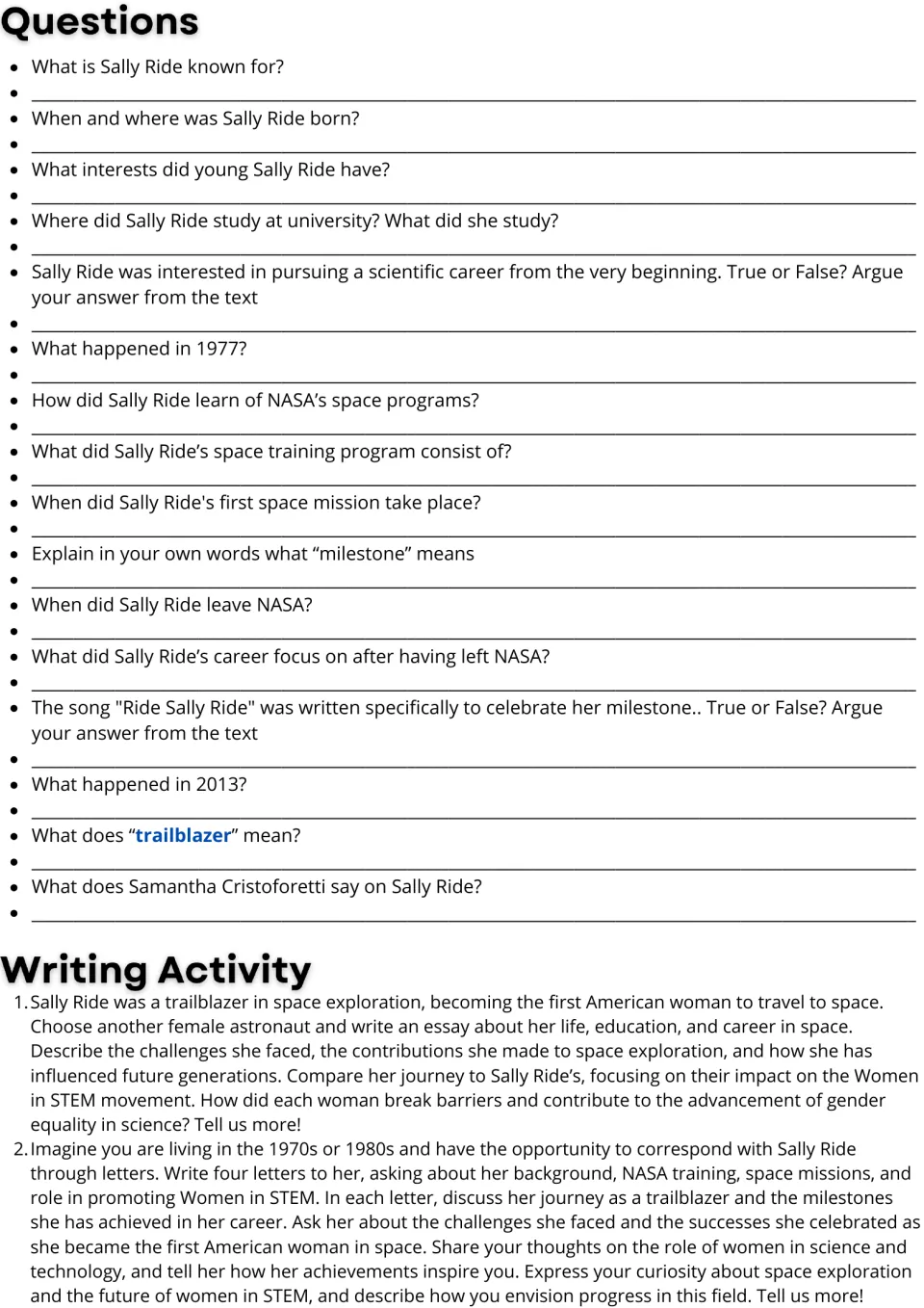 Sally Ride questions: students answer 16 comprehension and vocabulary items, then write an astronaut essay and letters