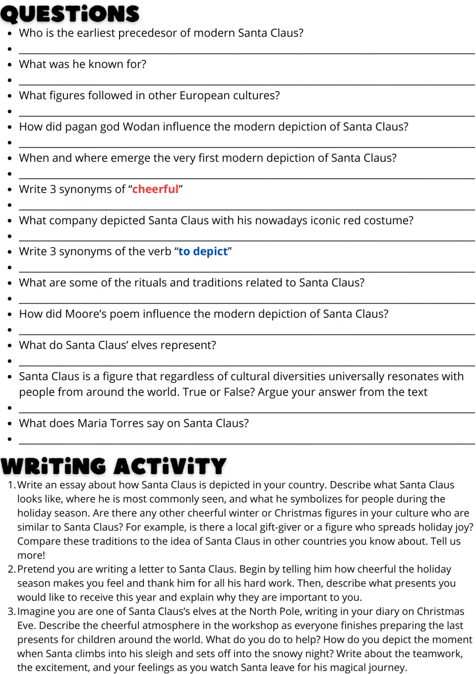 Reading response page: 13 Santa Claus comprehension questions and three prompts for an essay, letter, or diary.