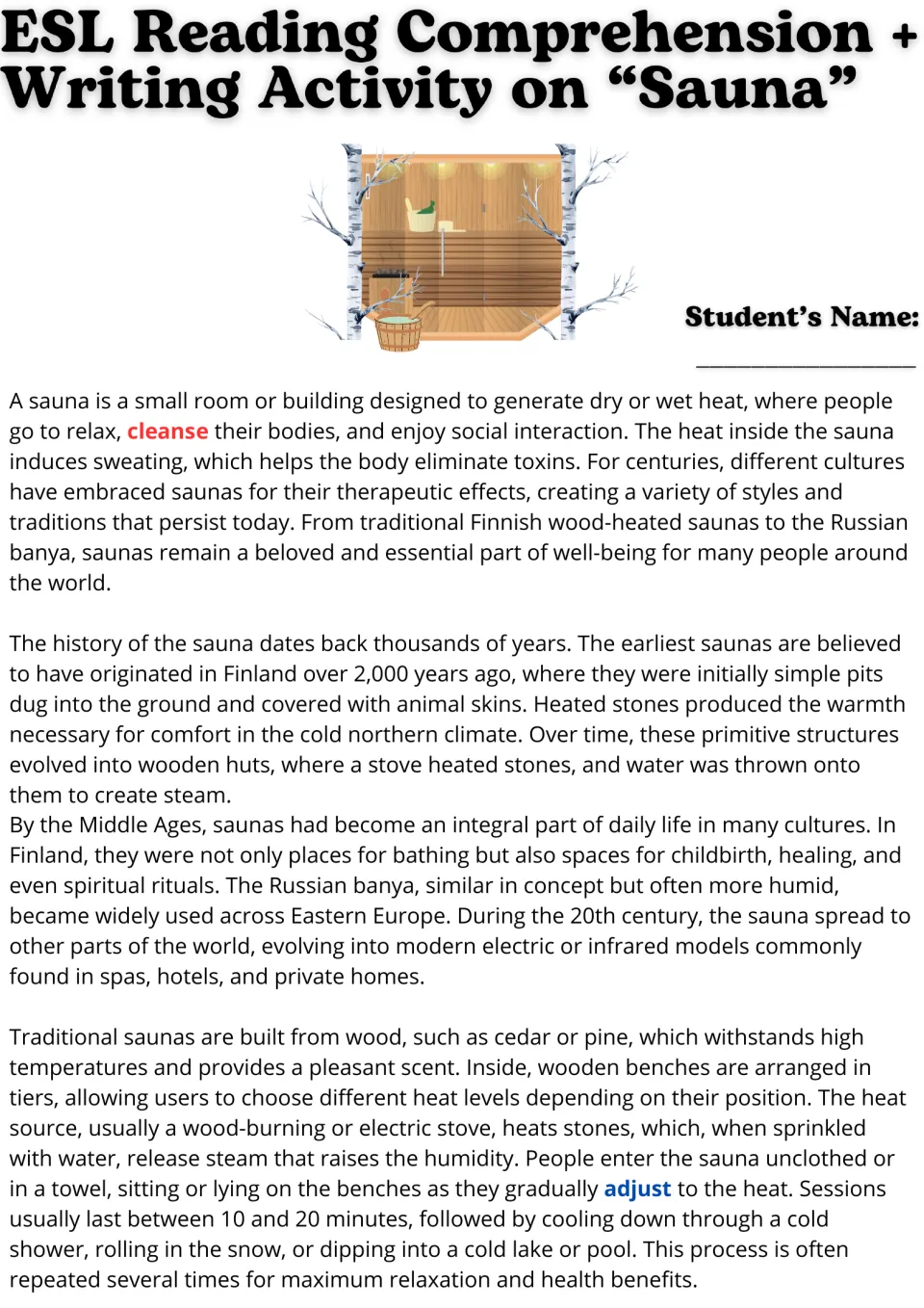 Opening sauna reading passage: Finnish origins, historical development, wooden construction, and sauna use