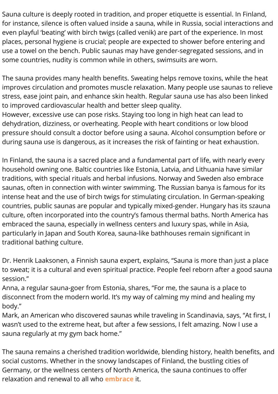 Sauna reading passage continued: etiquette, health benefits and risks, global traditions, and personal accounts