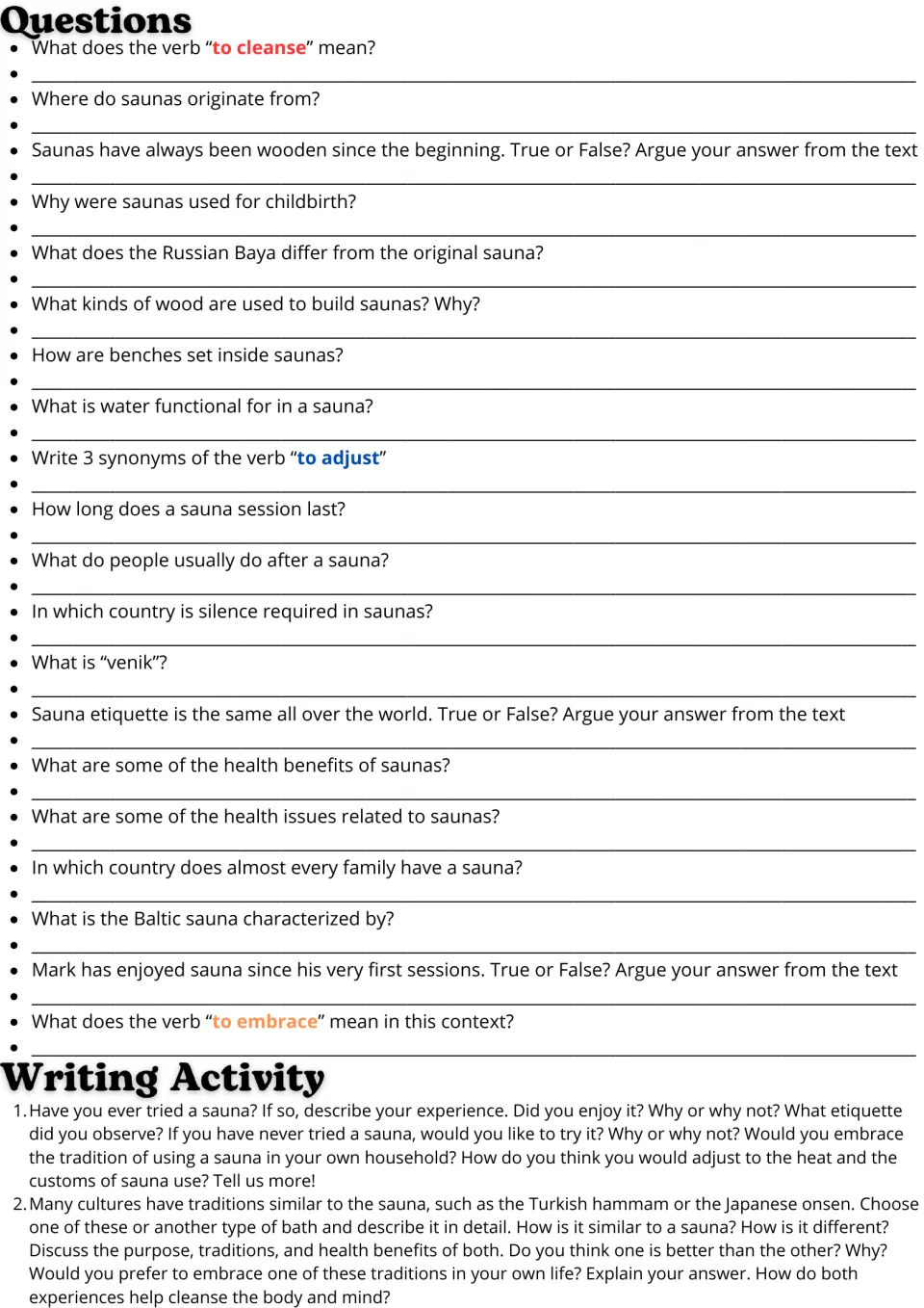 Sauna reading follow-up: 20 comprehension and vocabulary questions plus two essay prompts on sauna traditions