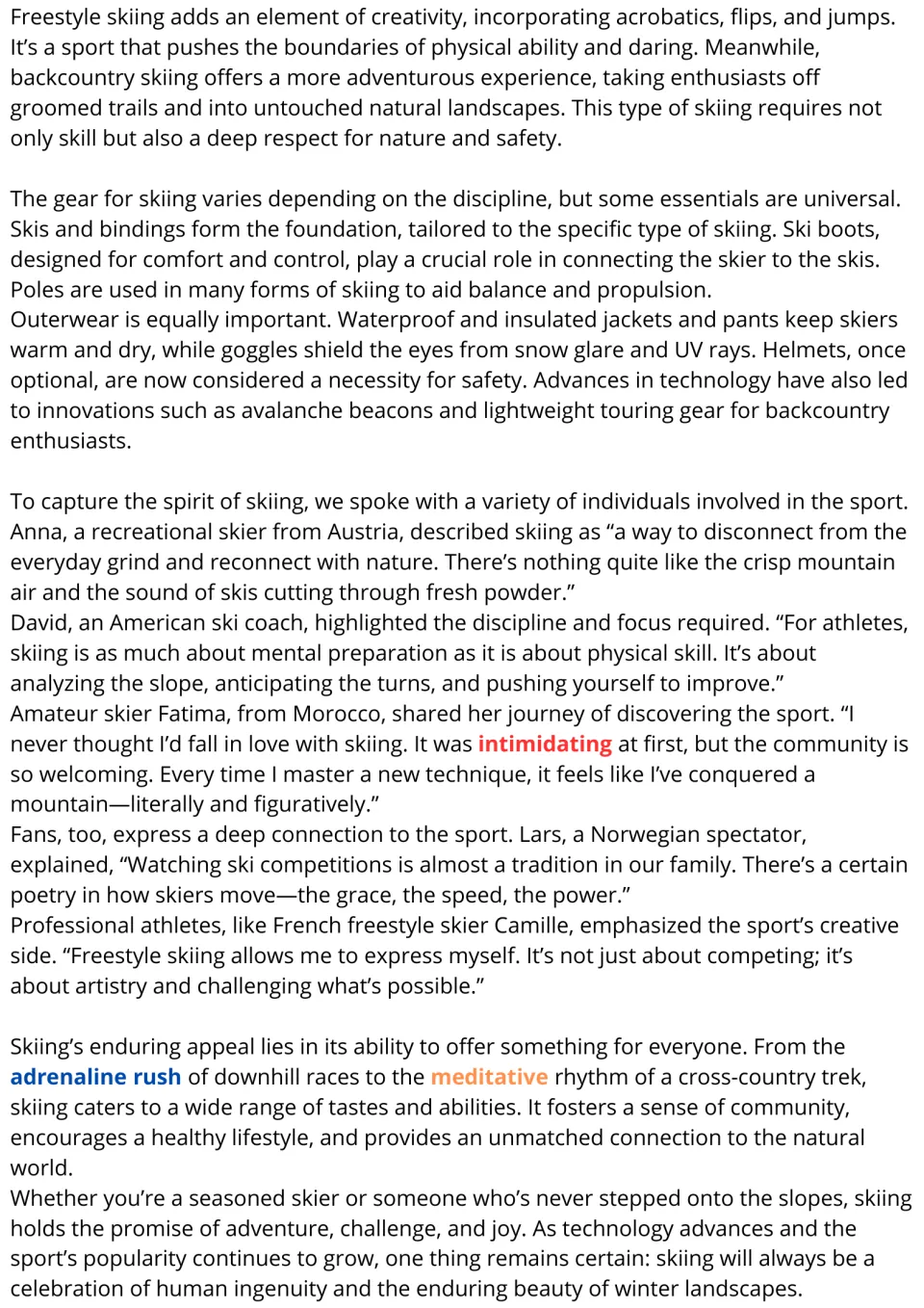 Skiing reading passage, part 2: freestyle and backcountry skiing, ski gear, and interviews with skiers, a coach and fans