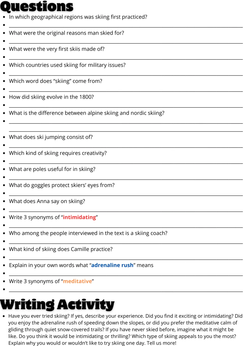 Skiing questions: students answer 17 comprehension and synonym questions, then write a personal response on trying skiing