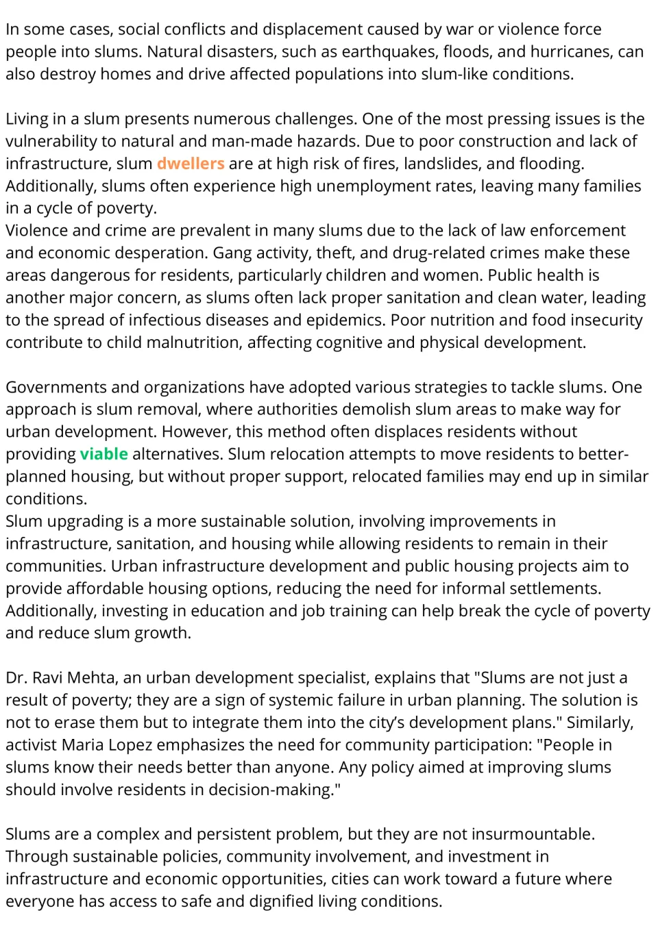 ESL reading passage, part 2: displacement, hazards, health concerns, and solutions to slum conditions.
