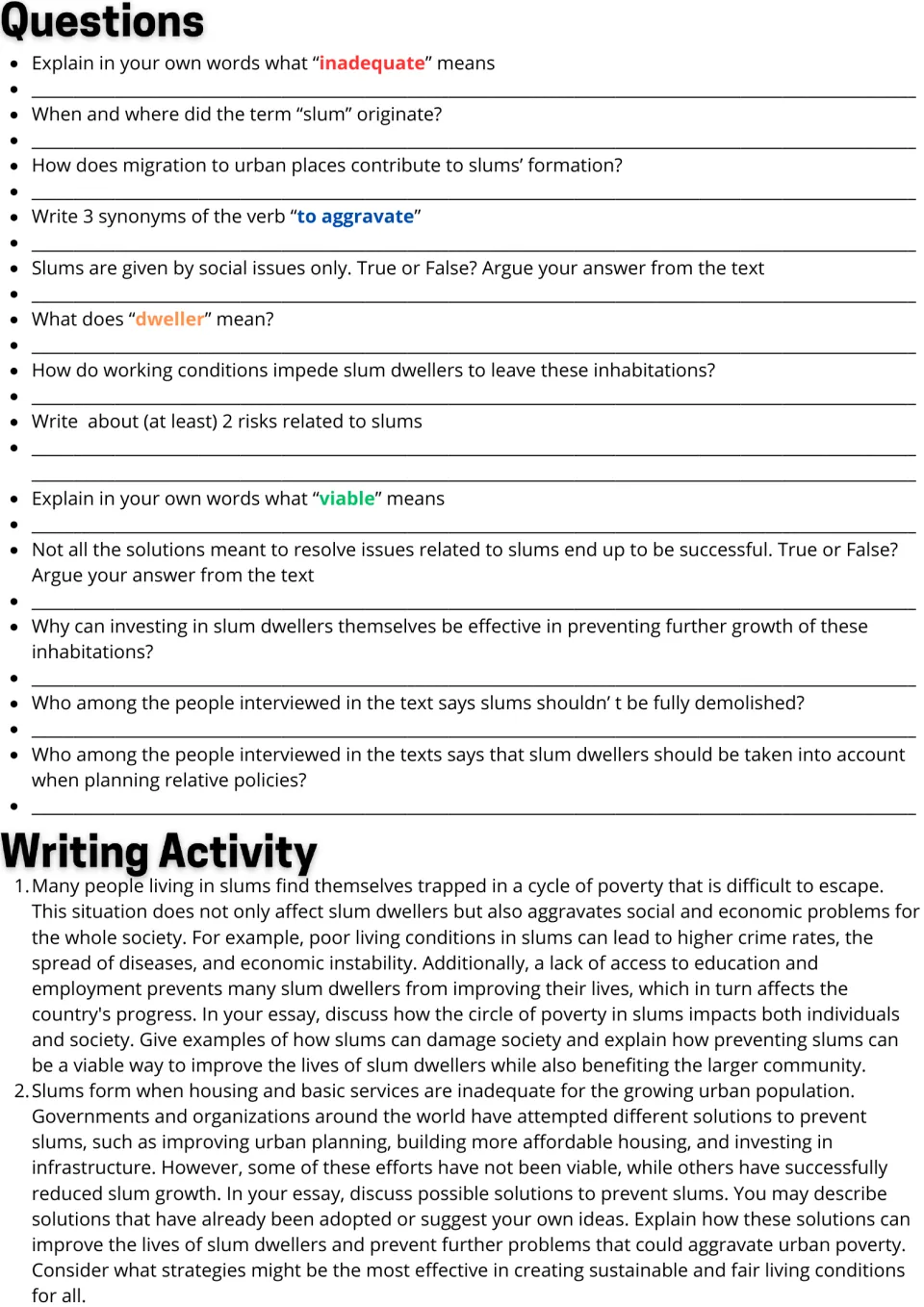Slums reading follow-up: 13 comprehension and vocabulary questions and two essay prompts on poverty and solutions.