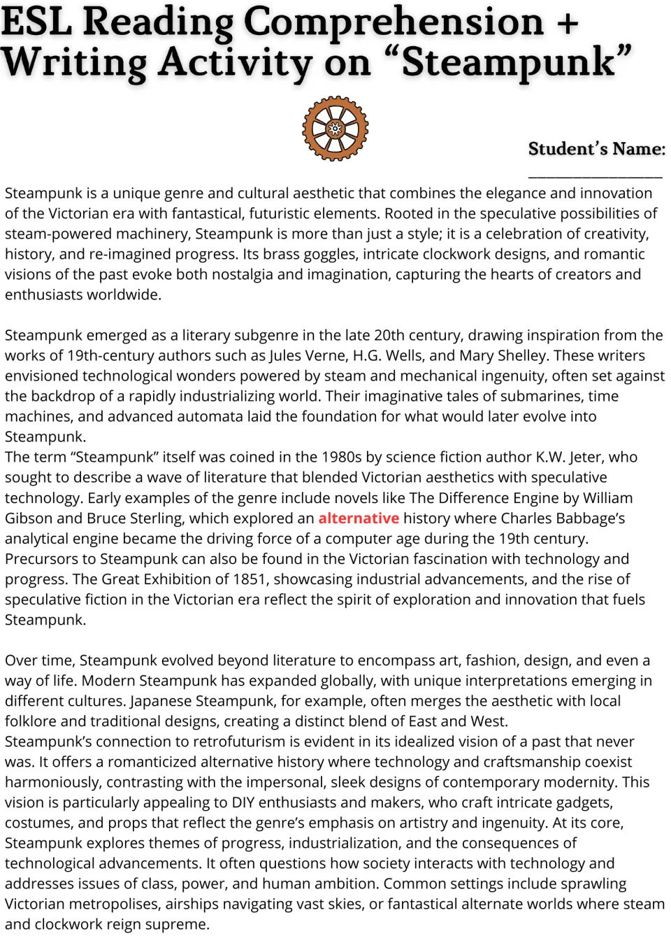 Steampunk reading passage, part 1: students read about its origins in Verne and Wells, Victorian roots and retrofuturism