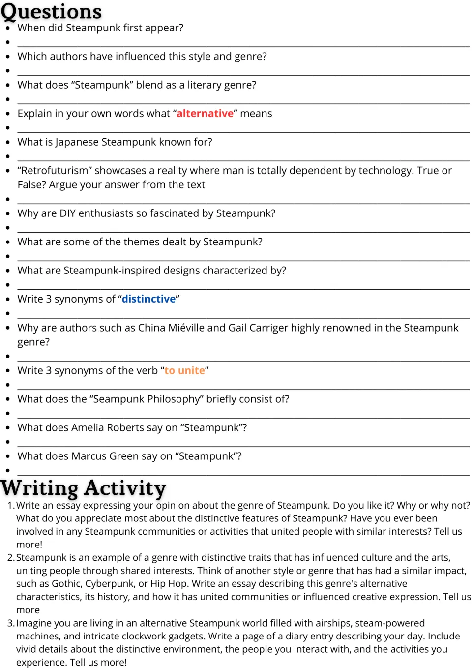Steampunk questions: students answer 15 comprehension and synonym items, then 3 prompts for essays or a diary entry