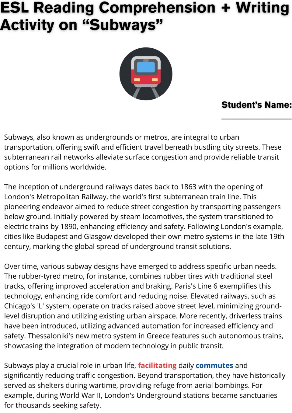 Opening ESL reading passage on subways: London's first underground railway, metro types, and wartime shelters.