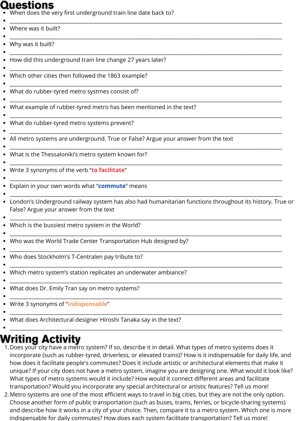 Subway reading follow-up: 20 comprehension and vocabulary questions plus two transportation writing prompts.