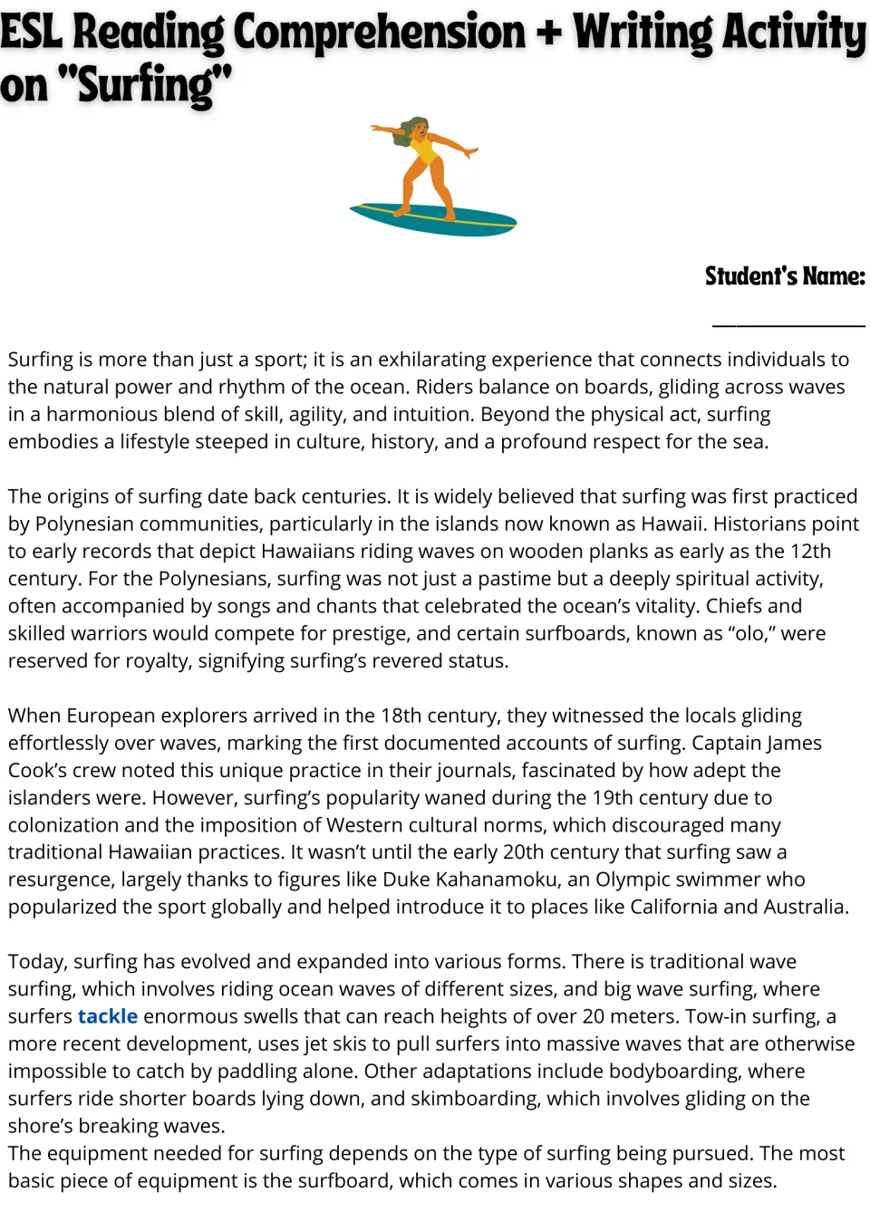 Surfing reading passage, part 1: students read about Polynesian origins, Captain Cook, Duke Kahanamoku and surf types