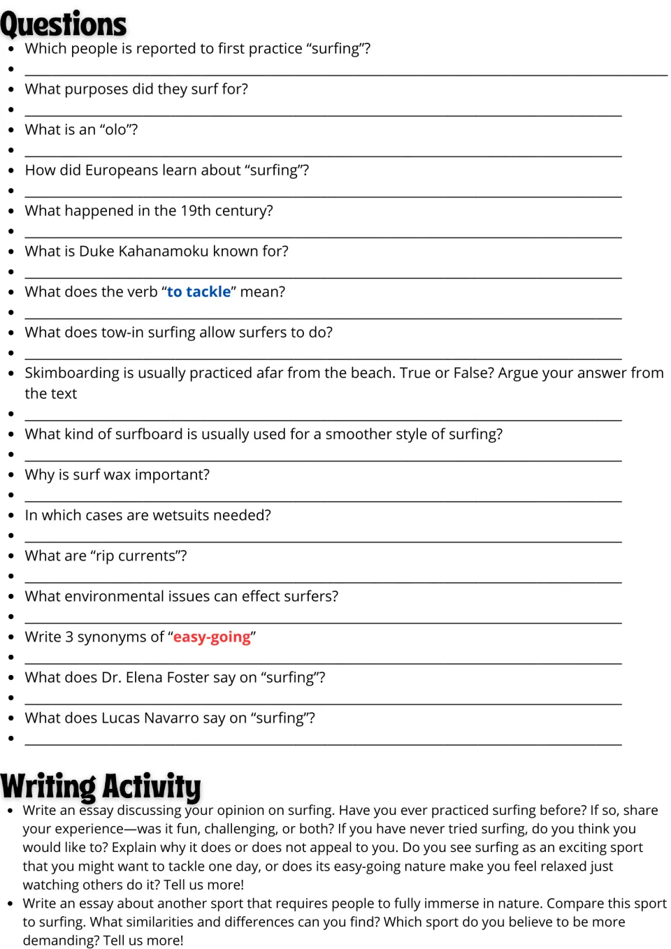 Surfing questions: students answer 17 comprehension and vocabulary items, then write an opinion or sport-comparison essay