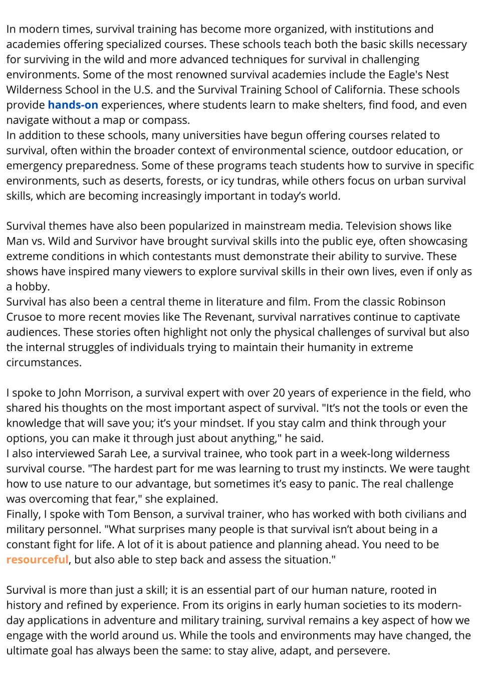 Survival passage, part 2: students read about survival schools, media and quotes from an expert, trainee and trainer