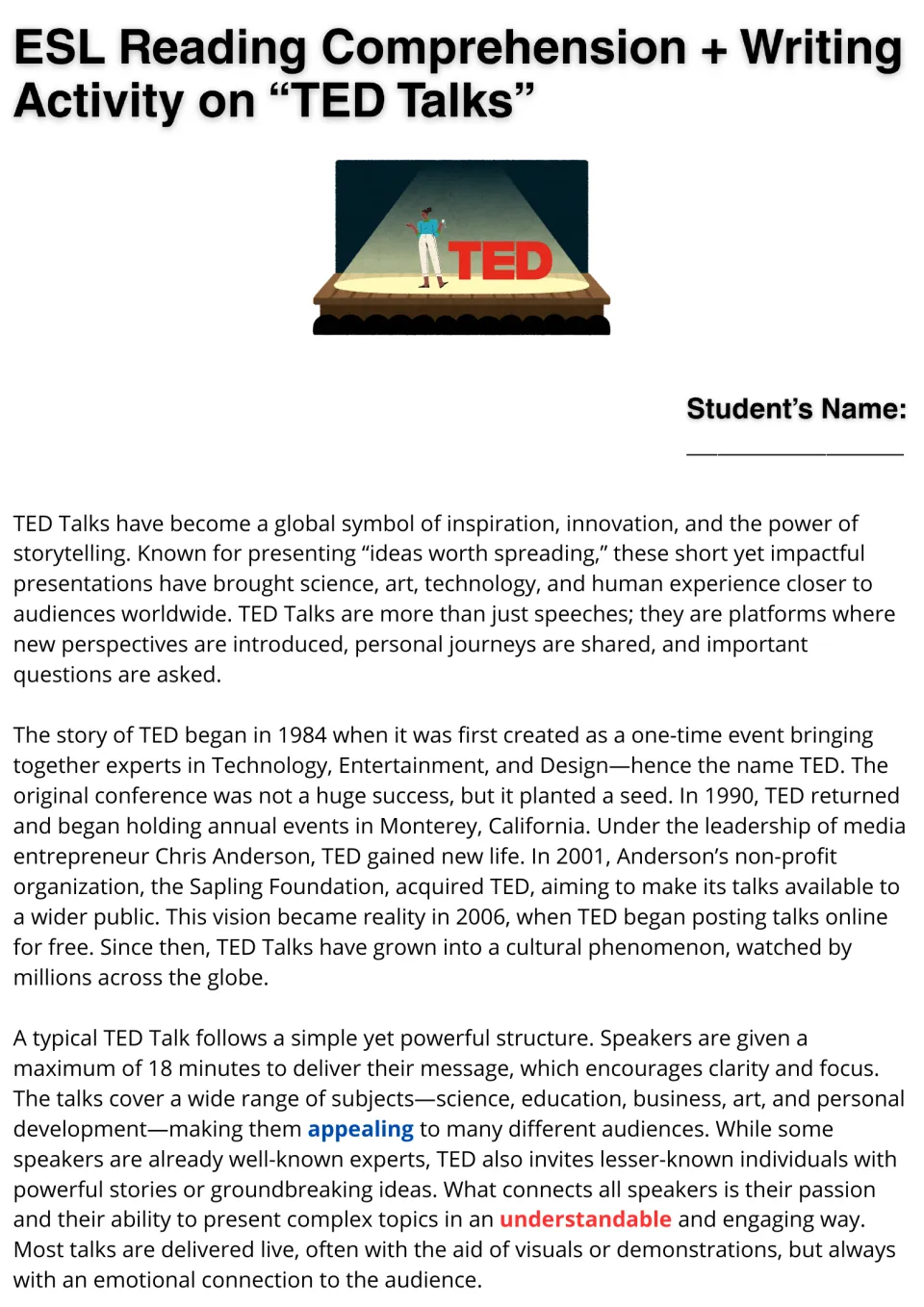 TED Talks reading passage, part 1: TED's history from 1984, the 18-minute format and speakers, with key words highlighted