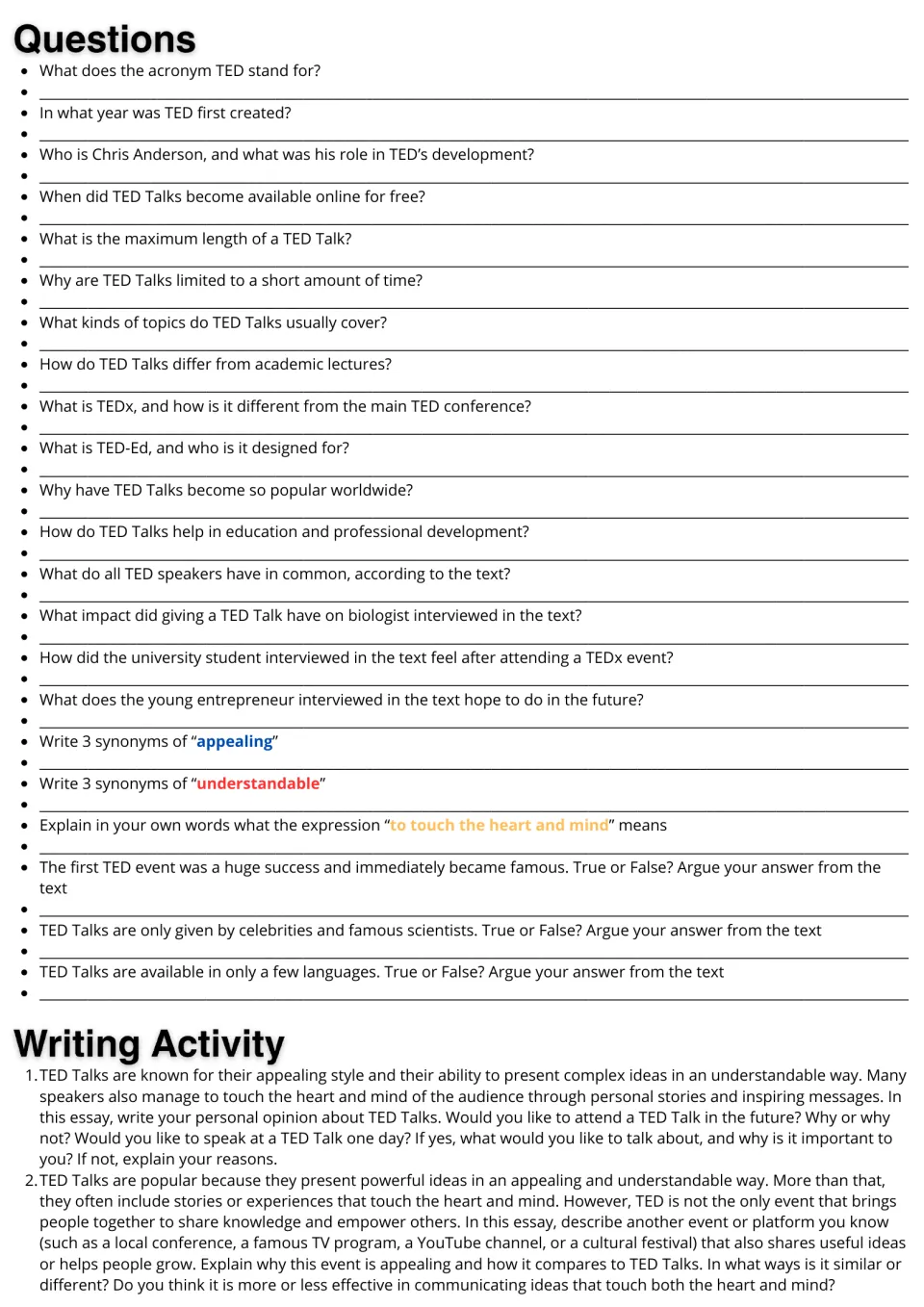 TED Talks questions: students answer 22 comprehension, synonym and true/false items, then pick one of two essay prompts