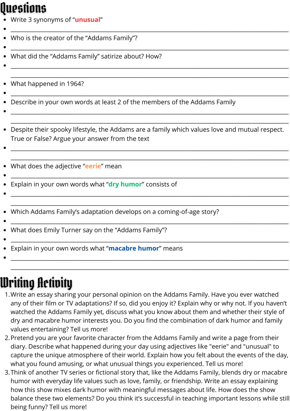 Comprehension questions on the Addams text, including synonyms and vocabulary, plus three essay and diary writing prompts