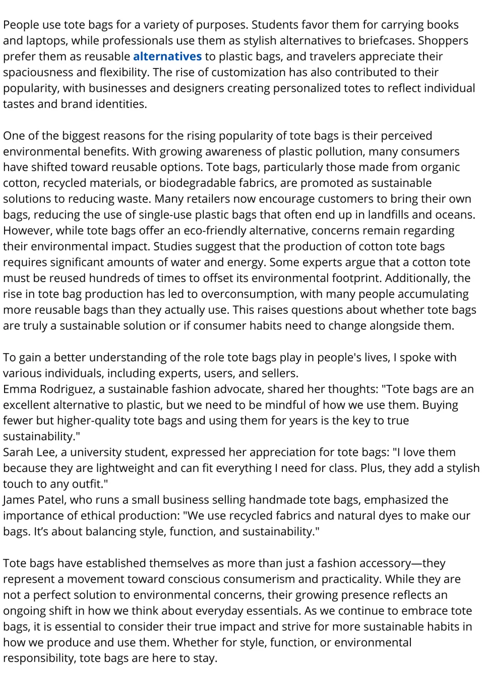 Reading passage, part 2: tote bag uses, environmental benefits and concerns, and three people's perspectives.