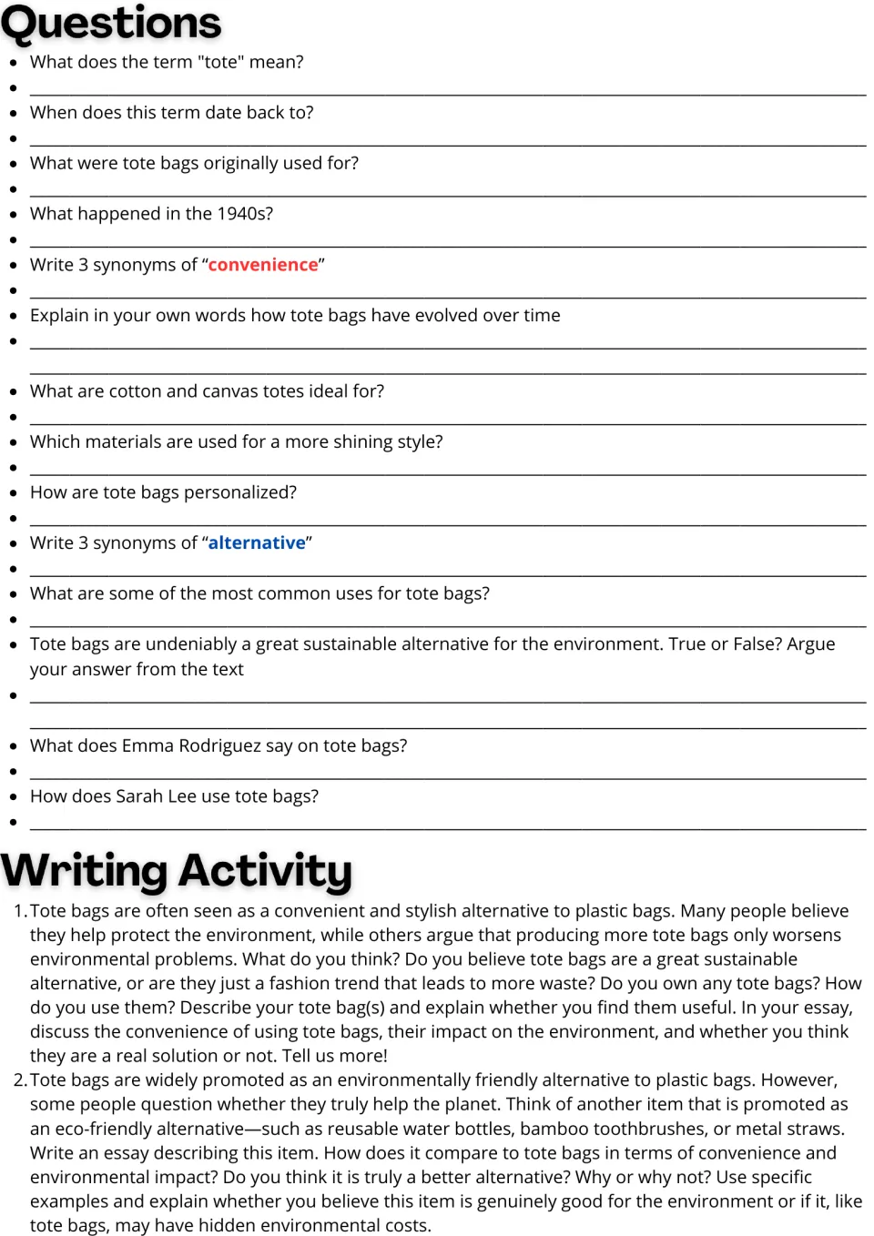 Tote bag follow-up: 14 comprehension and vocabulary questions and two essays on reuse and environmental impact.