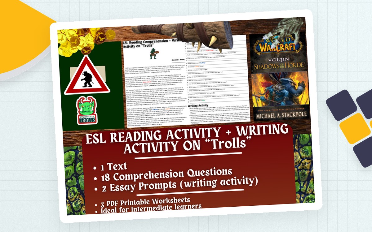 ESL Reading Comprehension + Writing Activity Worksheets on "Trolls" preview