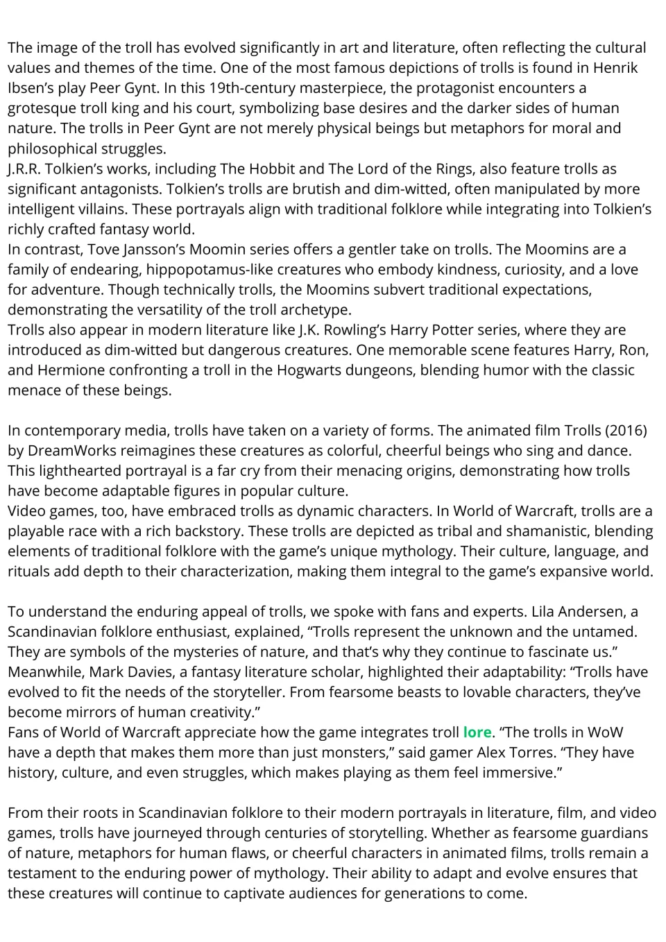 Trolls in literature and media: students read about Peer Gynt, Tolkien, the Moomins, Harry Potter and World of Warcraft