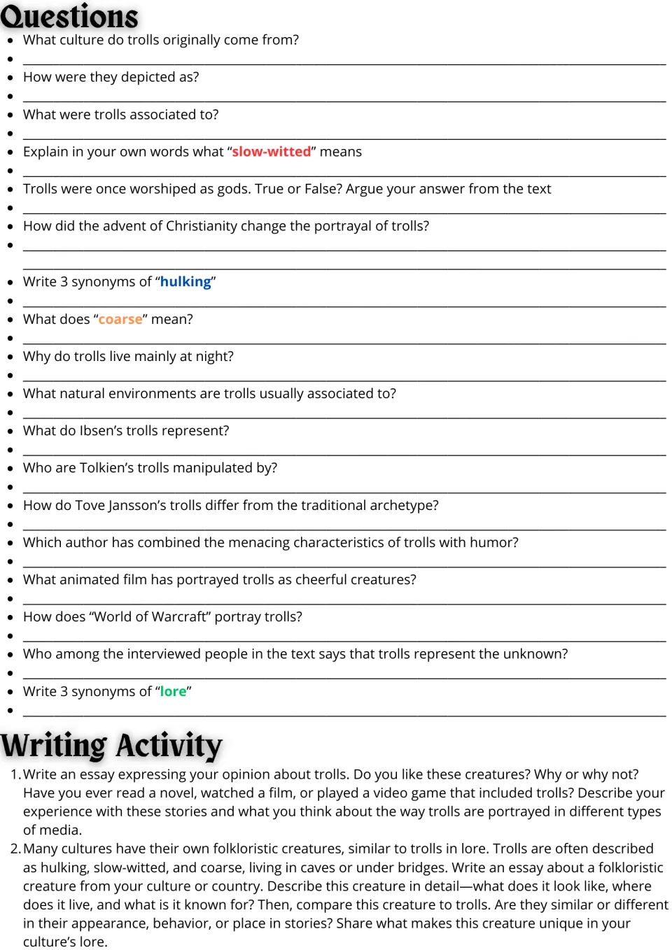 Troll text questions: students answer 18 comprehension and synonym items, then write an opinion or comparison essay