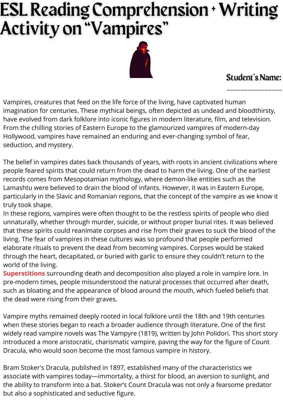 Vampire history reading: students read about vampire folklore from Mesopotamia and Eastern Europe to Polidori and Dracula