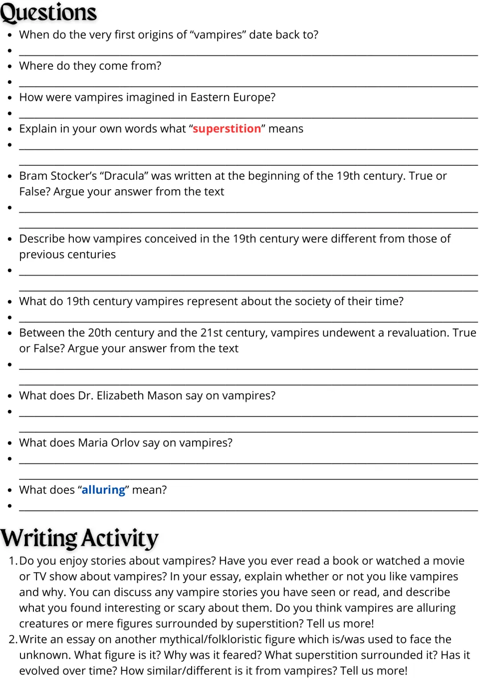 Vampire comprehension: students answer 11 text questions incl. true/false with evidence, then write one of two essays