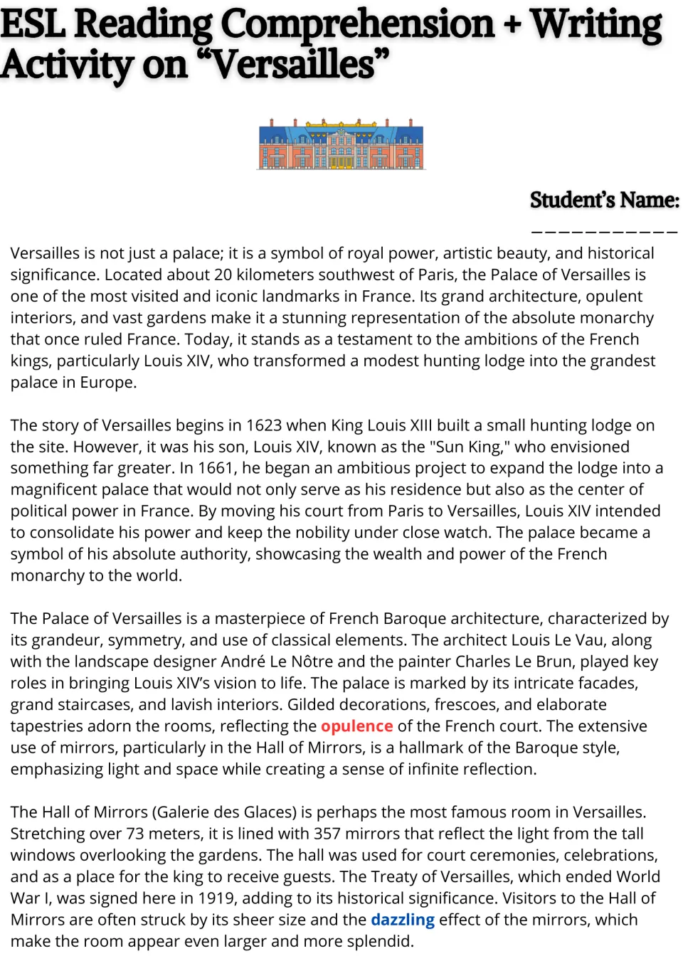 Opening reading passage on Versailles: royal history, Louis XIV, Baroque architecture, and the Hall of Mirrors