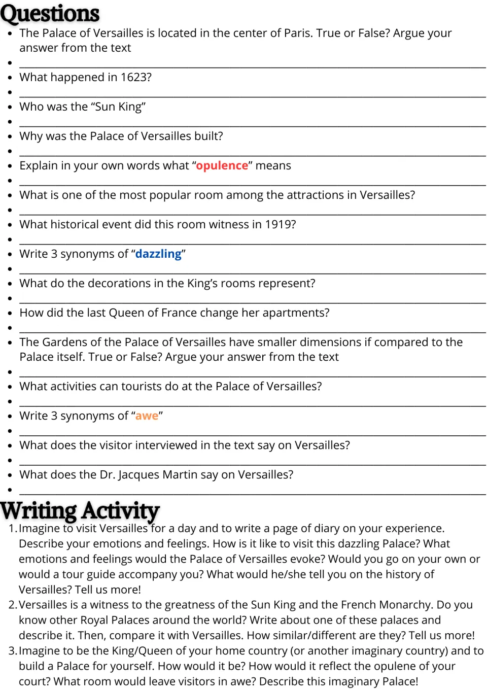 Versailles reading response page: 15 comprehension questions and three imaginative or comparative writing prompts