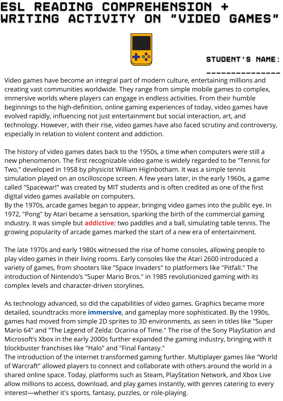 Video game history reading passage: students read from Tennis for Two and Pong to 3D consoles and online multiplayer