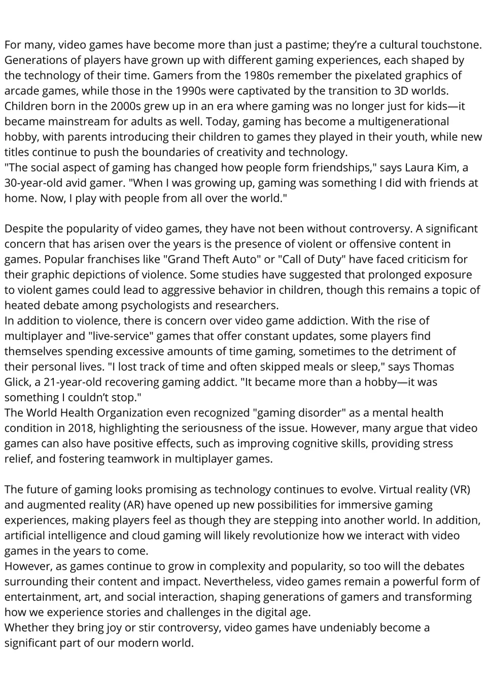 Video games passage, part 2: students read about gaming across generations, violence and addiction debates, and VR's future