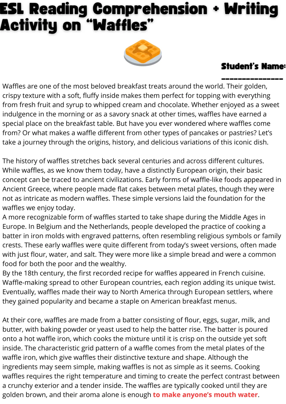 Waffle origins and history reading passage: students read about how waffles developed and are made, with a name line