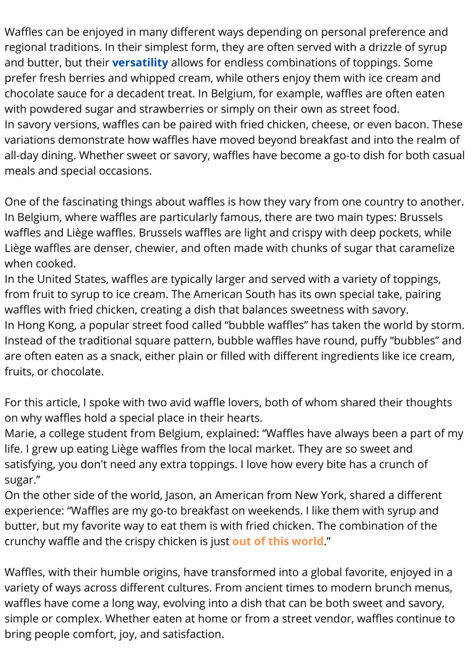 Waffle varieties and interviews reading passage: students read about Brussels, Liège and bubble waffles and two opinions