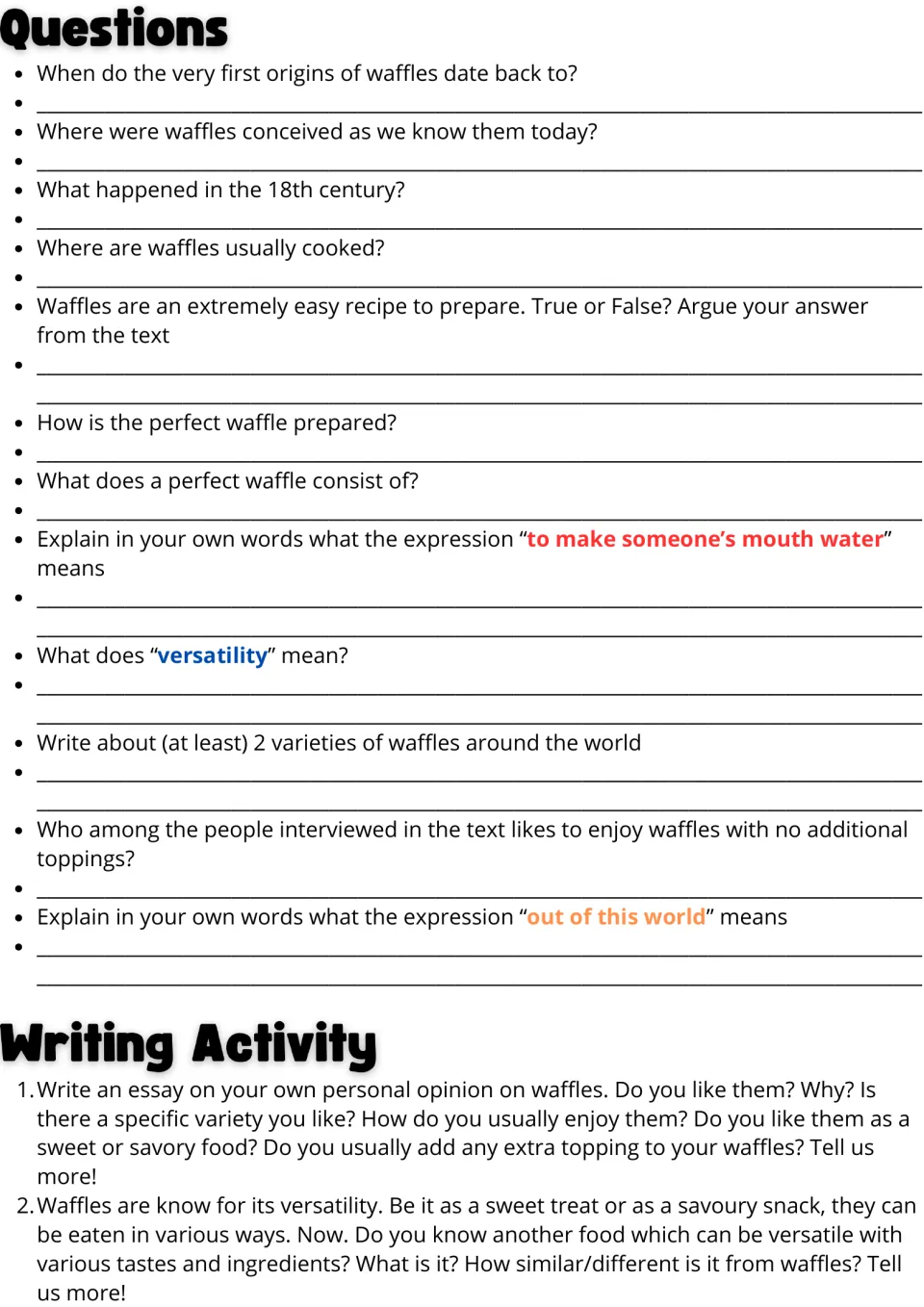 Questions and Writing Activity: students answer text-based questions, explain expressions, then respond to two writing prompts