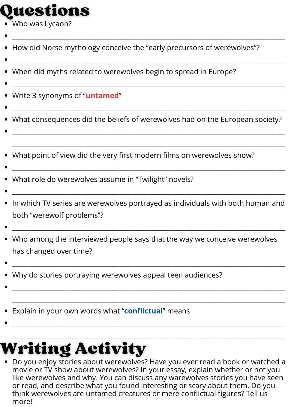 Werewolf comprehension: 11 passage questions, including untamed synonyms and conflictual, plus an opinion essay prompt