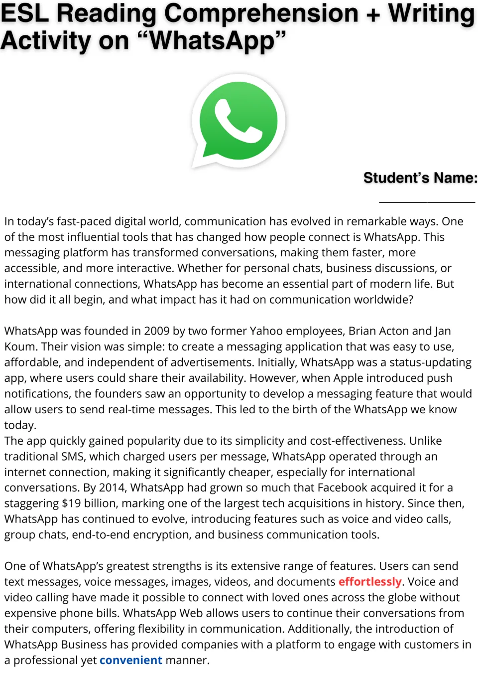 WhatsApp history reading: students read about its 2009 founding, 2014 Facebook purchase and messaging features