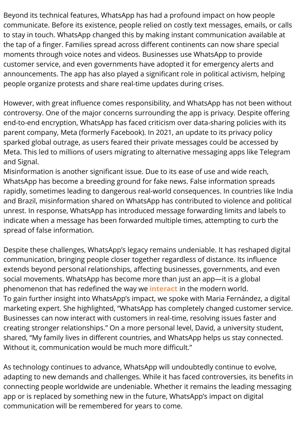 WhatsApp impact reading, part 2: students read about privacy concerns, misinformation and two interview quotes
