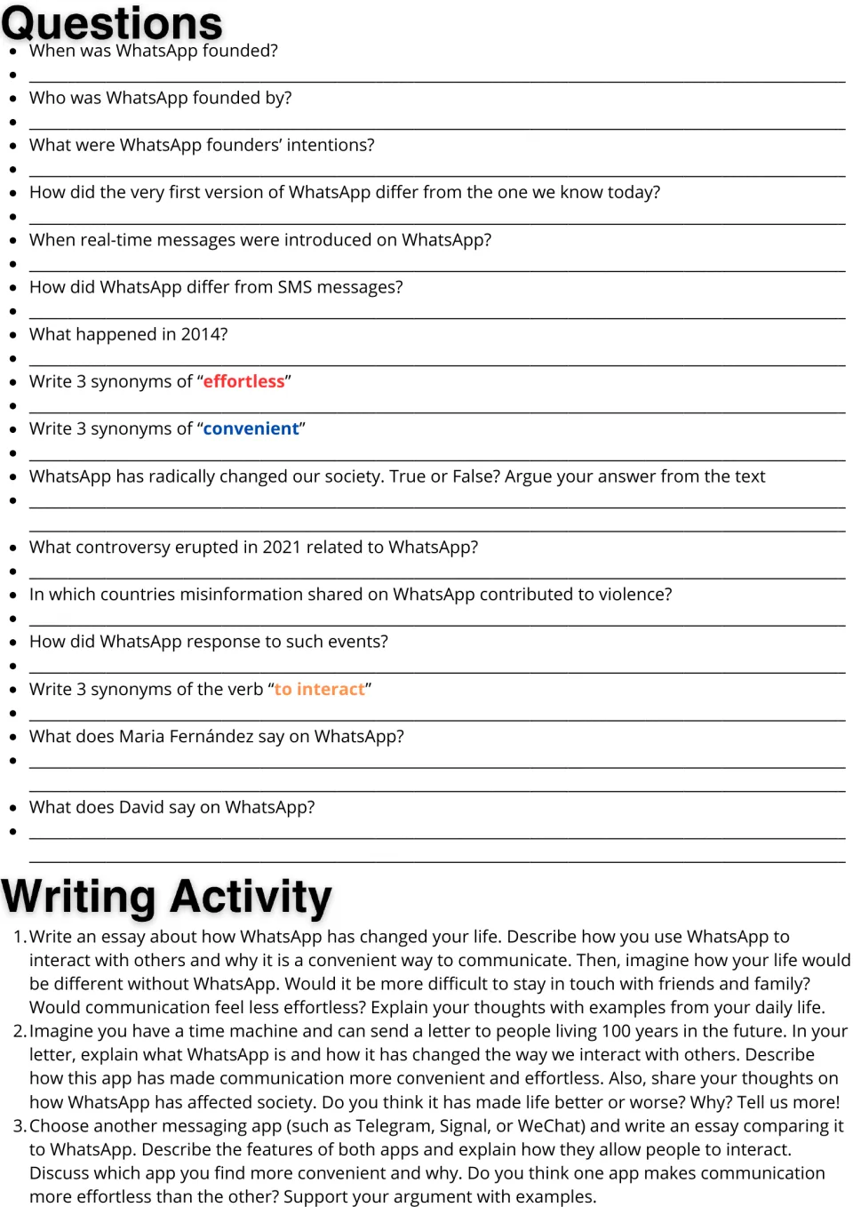 WhatsApp questions: students answer 16 comprehension and synonym items, then pick one of three essay or letter prompts