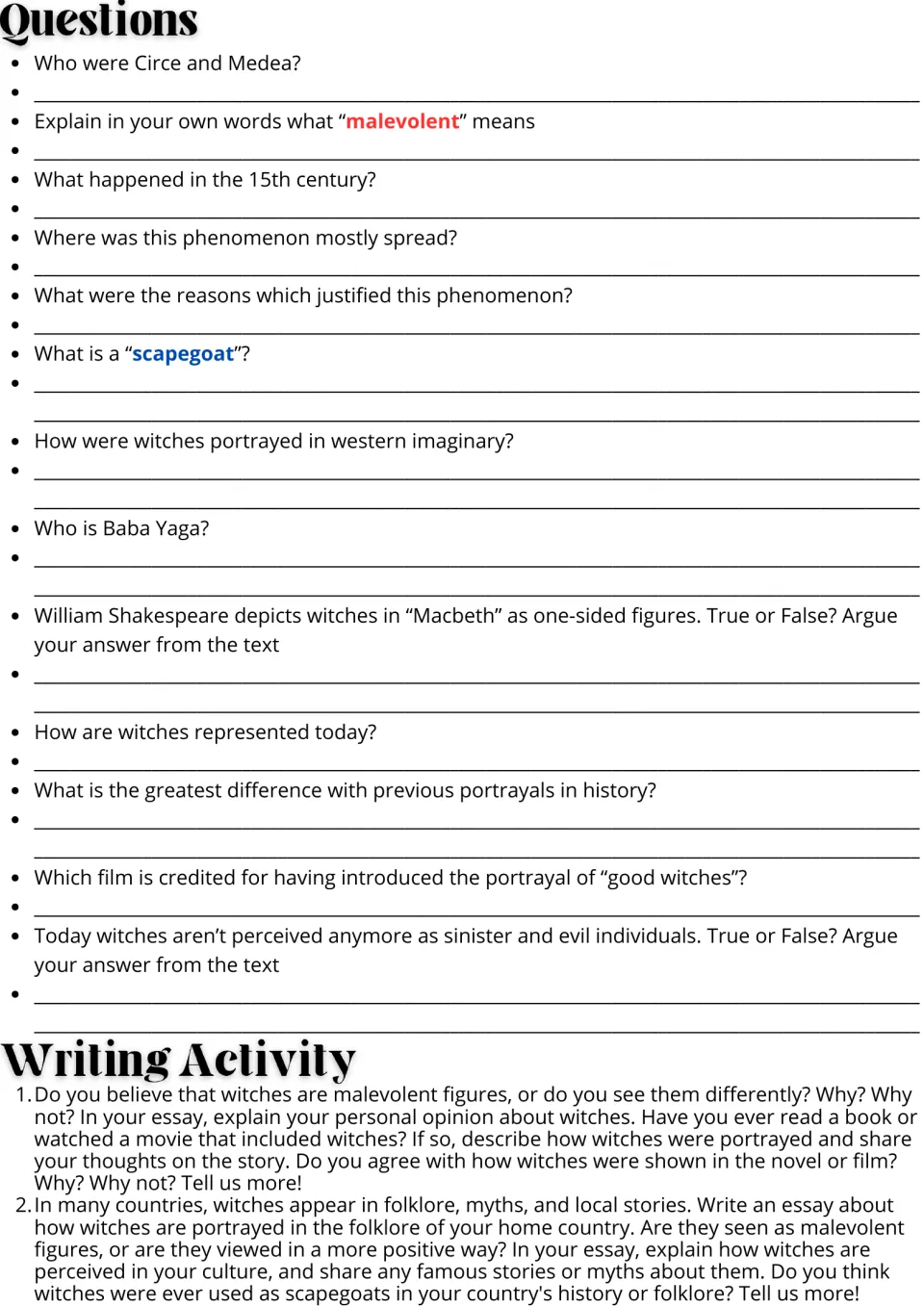 Comprehension practice: 13 questions on witches and two essay prompts about opinions and cultural folklore.