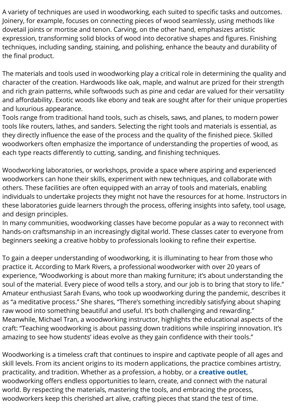 Woodworking reading passage, part 2: joinery, carving, hardwoods and tools, workshops, and quotes from three woodworkers